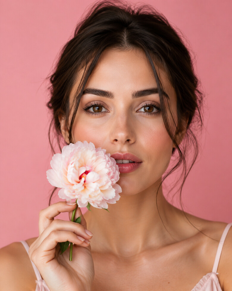 Porträt einer Kundin mit einer Blüte vor dem Gesicht