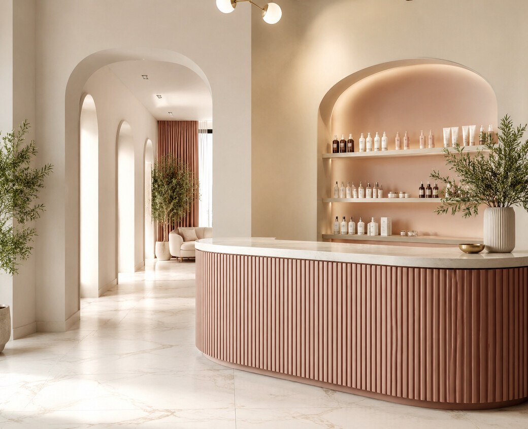 Empfangsbereich des Salons mit Rundbögen und Regal für Pflegeprodukte